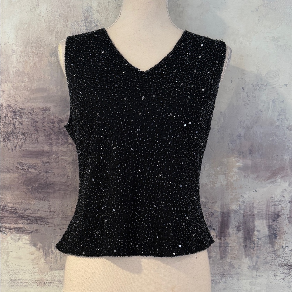 Elegant Black v neck beaded Sleeveless Top